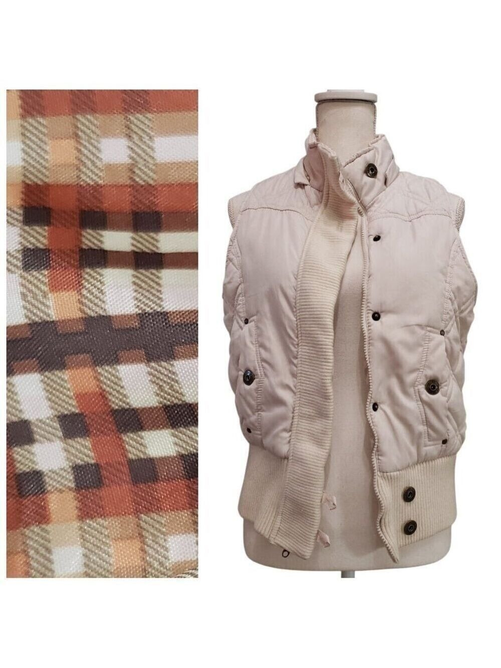 Dollhouse Womens Beige Quilted Puffer Vest Plaid Lining Size M